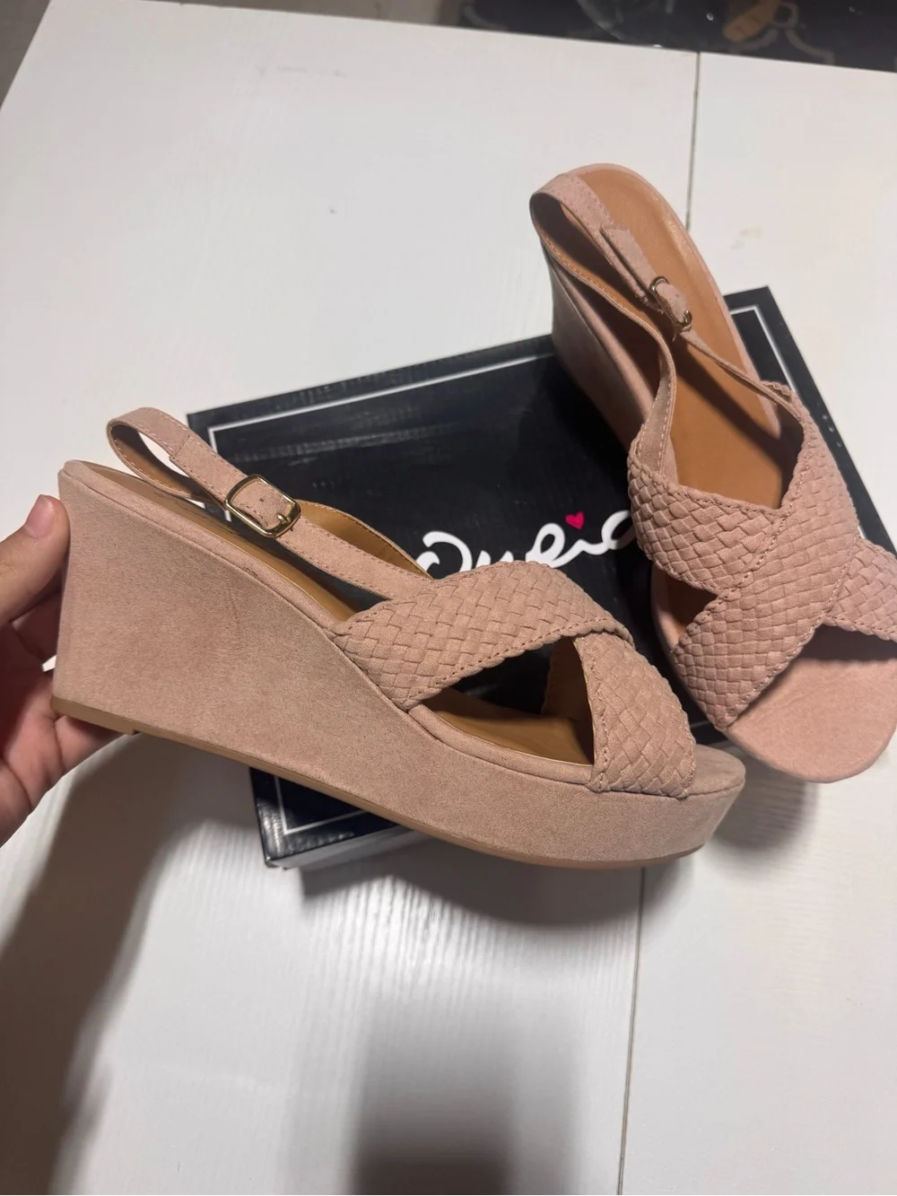 Woven Cross-Strap Slingback Wedge Sandals in Blush